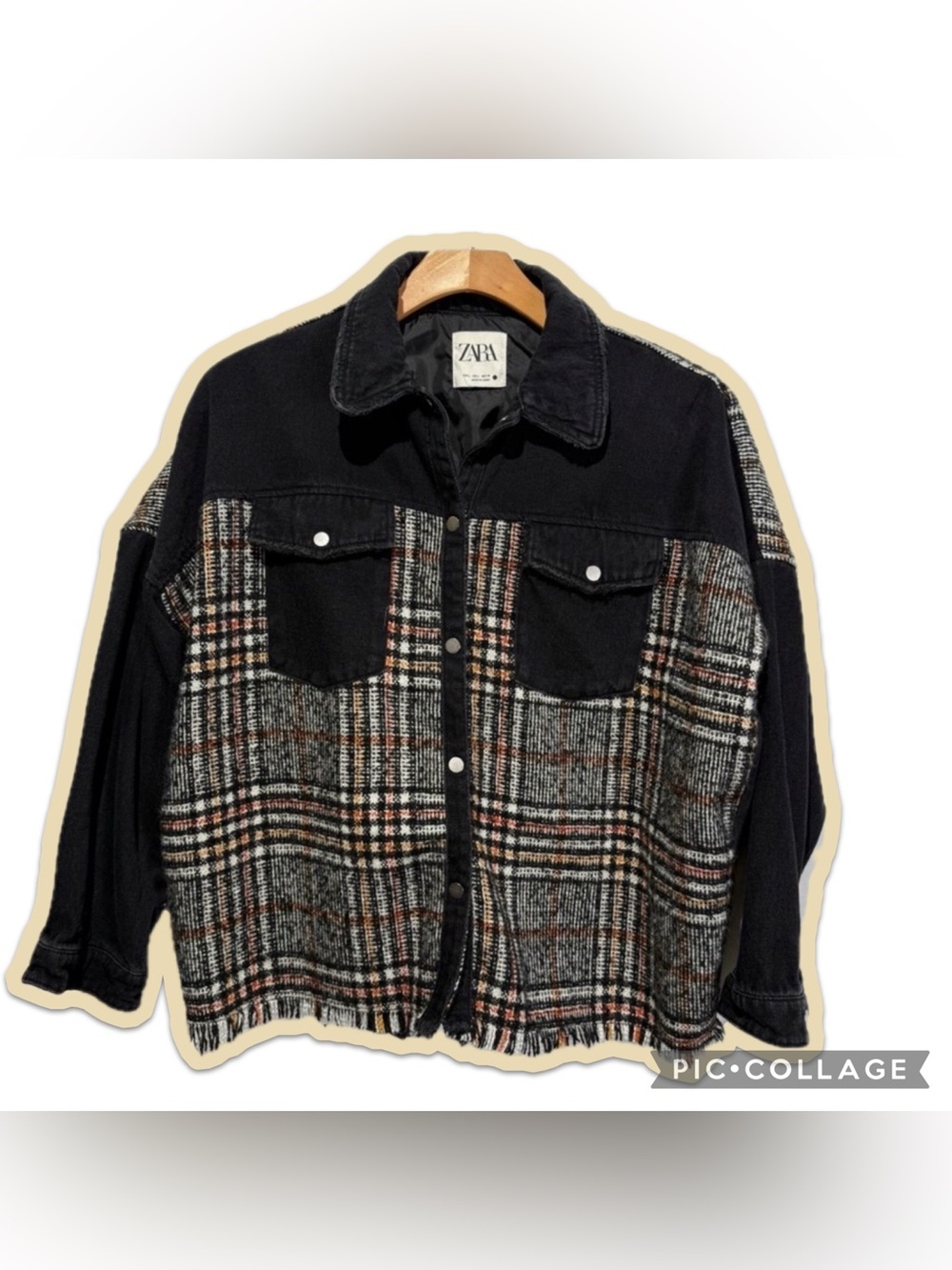 ZARA  Black Denim Tweed Plaid Shacket Shirt Jacket Snap Front Wool Blend Sz L